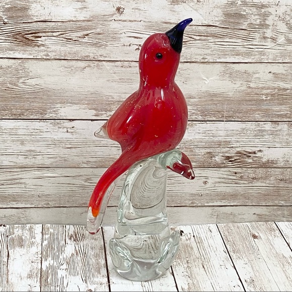 Vintage 9” Red Cardinal Bird on a Clear Branch Murano Style Art Glass Decor - Picture 5 of 13